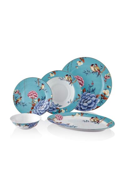LAMEDORE Floral Blue Porselen 27 Parça 6 Kişilik Yemek Takımı Kayık Tabaklı
