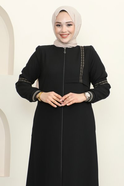 Moda Neva Nakışlı Ribanalı Tesettür Ferace - Siyah