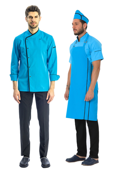 TIPTEKS Men's Classic Turquoise Chef Jacket and Black Trousers, Turquoise Suspender Apron and Cap - Black Piping Set