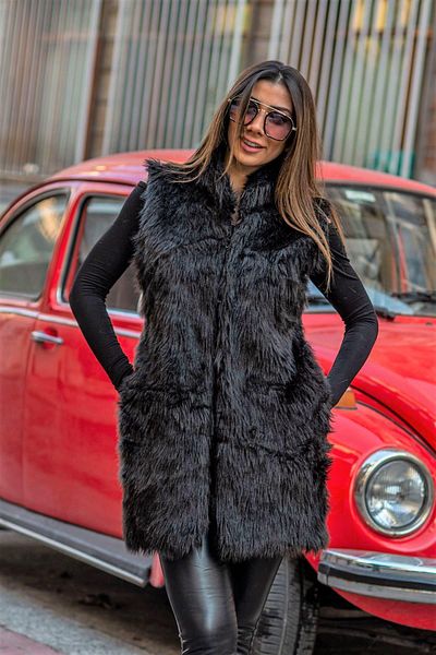 Markano Black Long Faux Fur Vest with Leather Detail on the Back and Pockets