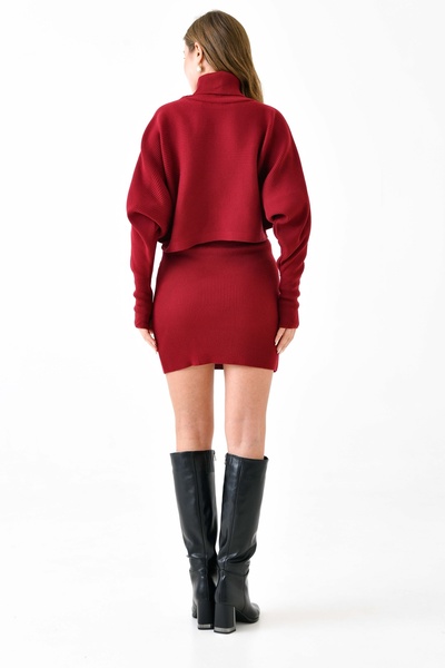 vuvutasarım Turtleneck Claret Red Knitwear Sweater and High Waist Claret Red Skirt Double Set - Hand Held 075