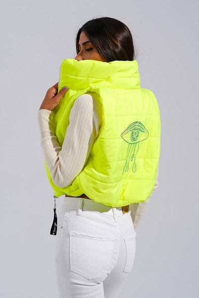 Markano Neon Green Back Stone Embroidered Stand Collar Short Puffer Vest