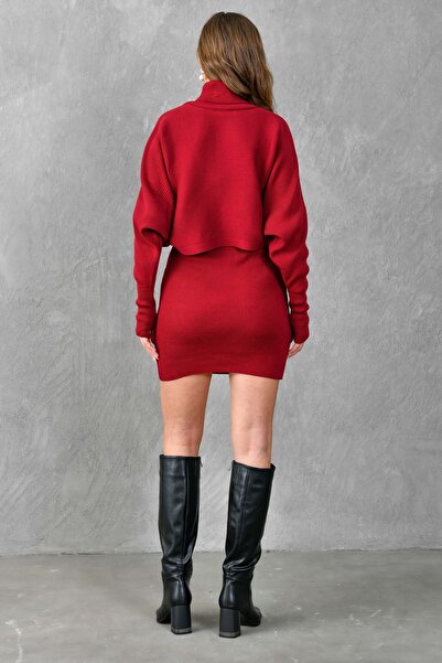bayansepeti Claret Red Knitwear Sweater and High Waist Skirt - Turtleneck, Hand-Plug Set 075