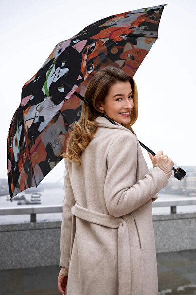 Bosile Kedi Desenli 8 Telli Manuel Rüzgara Dayanıklı Şemsiye  | Dekoratif | H...