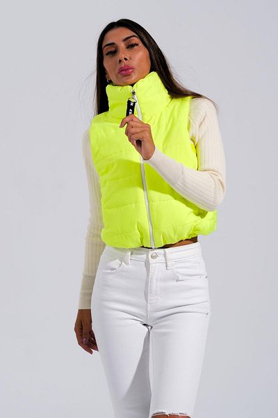 Markano Neon Green Back Stone Embroidered Stand Collar Short Puffer Vest