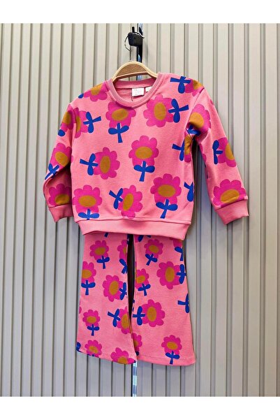 Magu Girl's Pink Flower Patterned Winter 3 Thread Cotton Sweatshirt Tights Top and Bottom Set