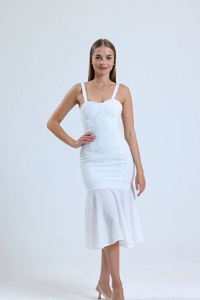 LOCH BUTİK Women's White Fluffy Linen Strap Midi Dress