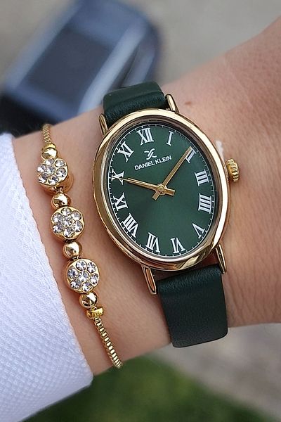 Daniel Klein Green Leather and Zircon Stone Oval Case Women's Wristwatch - Gold Yellow Gift
