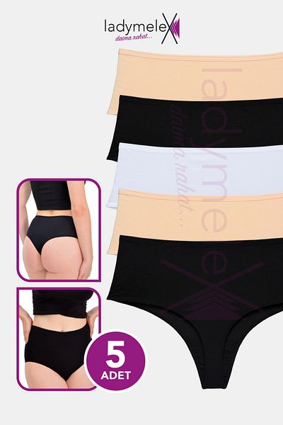 LadyMelex Tanga de damă cu talie înaltă - bumbac, nud alb și negru, (M-L-XL) 5 bucăți