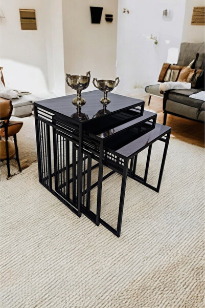 Mobievim Milano Siyah Metal Ayaklı Füme Aynalı Zigon Sehpa