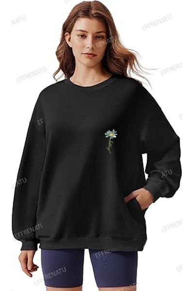 EFFRENATU Hanorac negru oversize de bază pentru damă
