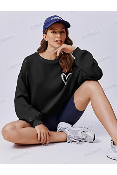 EFFRENATU Women's Crew Neck Basic Oversize Black Sweatshirt