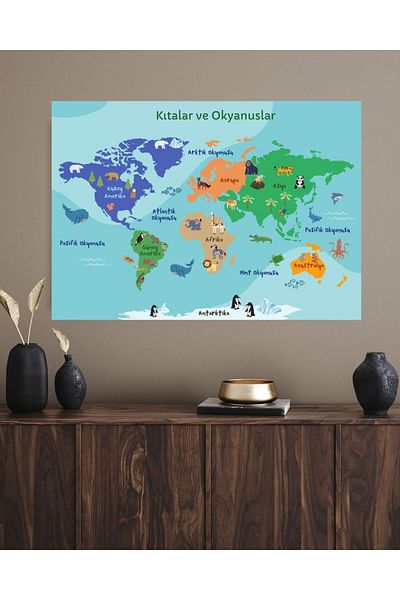 Doğal Tercih Educational Tutorial World Atlas Map Continents and Oceans Detailed Wall Sticker 70 X 100 cm