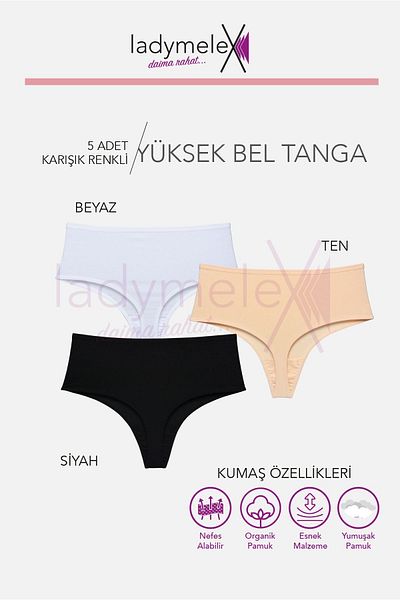 LadyMelex Tanga de damă cu talie înaltă - bumbac, nud alb și negru, (M-L-XL) 5 bucăți