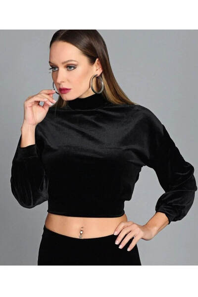 scatola di moda Balıkçı Yaka Crop Kadife Bluz