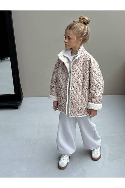 anonim Girl's Floral Patterned Quilted Fleece Detailed Coat
