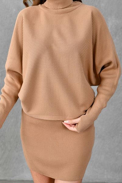 bayansepeti High Waist and Hand-Held Camel Knitwear Sweater and Skirt Set - Turtleneck 075