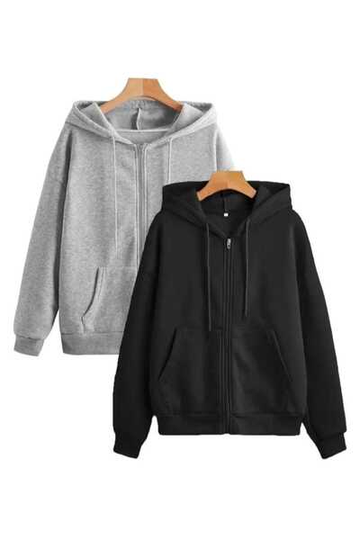 Genel Markalar Unisex 2'li Siyah Ve Gri Renk Fermuarlı 2 İplik Mevsimlık Hırk...