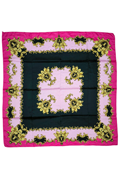TikiTonki Otantik Desenli Saten Pembe Eşarp | Kare Kesim - 90x90
