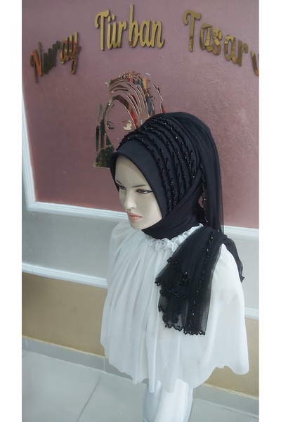 NurAy عمامة سريعة التحضير مع حجاب مطرز بالكامل باللون الأسود