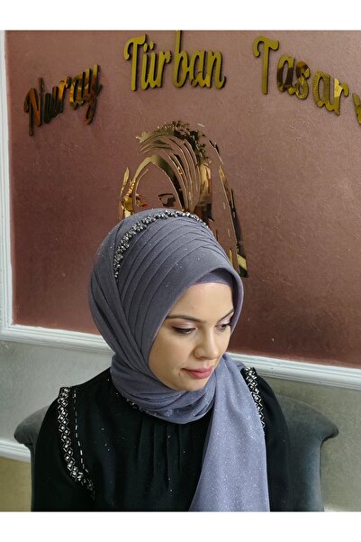 NurAy Aksesuarlı koyu gri  hazır duvak hazır şal hazır türban