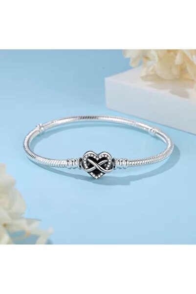 Lovecharm Gümüş 925 Ayar Sonsuz Kalp Klipsli Yılan Zincir Bileklik