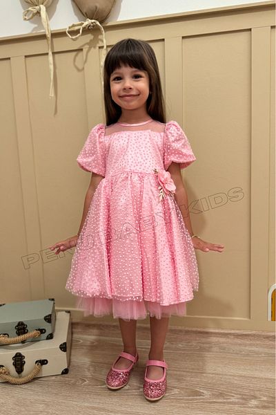 penu baby kids Rochie pentru fetiță cu mânecă cu balon cu buline strălucitoare cu flori roz