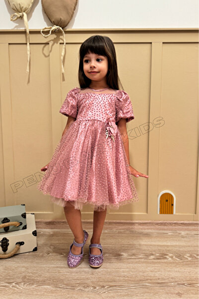 penu baby kids Gülkurusu Çiçek Detaylı Simli Puanlı Balon Kol Kız Çocuk Kız B...