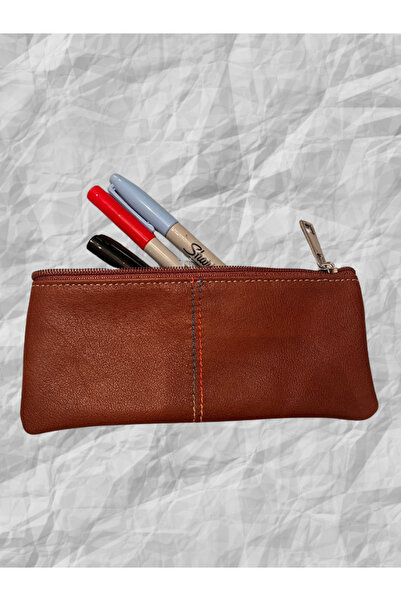 Pinkylola Solo Model Taba Renk Hakiki Deri Renkli Dikiş Detaylı Kalemlik /min...