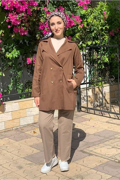Moda Rosa 25K5010 - Brown - Basic Buttoned Trench Coat