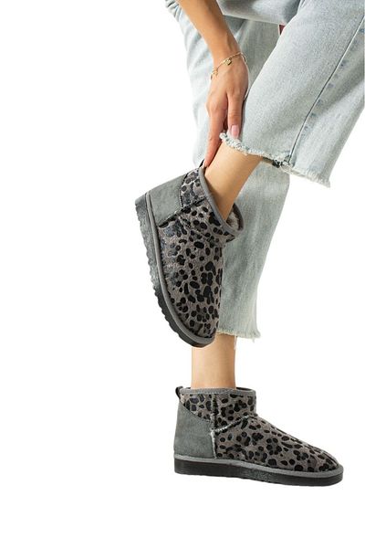 Victoria Shoes Μίνι μποτάκια με γκρι σουέντ με σχέδιο λεοπάρ - Νέο μοντέλο με μισό γούνινο, ποιότητας