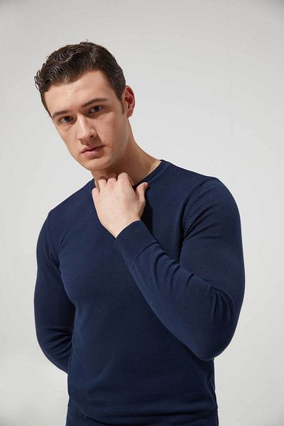 D'S Damat Pulover slim, albastru bleumarin, 100% bumbac