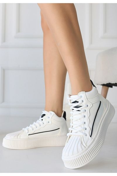 Lisinya White Leather Black Detailed Lace Up Sneakers