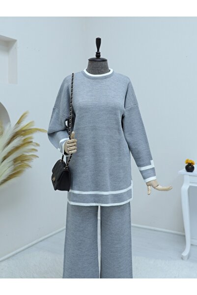 Modamorfo Double Knitwear Set with Cuffs and Stripes - Gray
