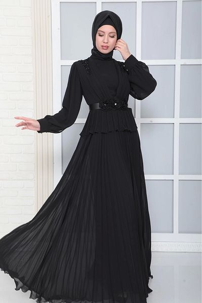 lodmela Pleated Hijab Evening Dress - Shoulder and Belt Detail, Black 816