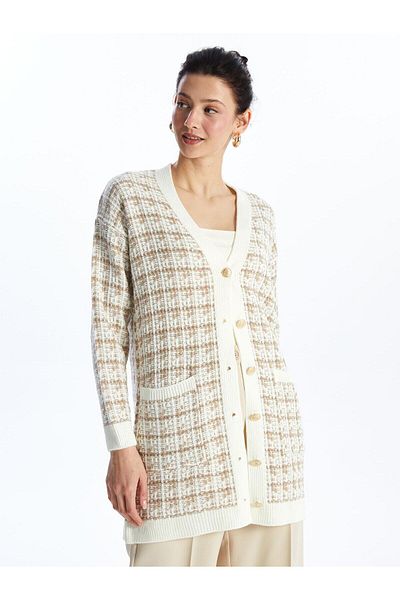 LC Waikiki Lcwaikiki Basic Jacquard V-Neck Plaid Long Sleeve Women's Knitwear Cardigan