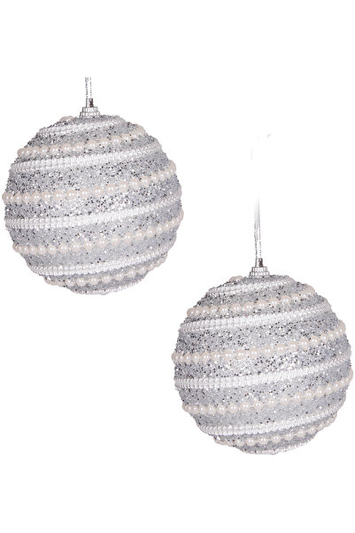 Herdekora Новорічна куля, набір з 2 штук, блискуча стрічка, перлинні намистини, фігурка, срібло, 9 см.
