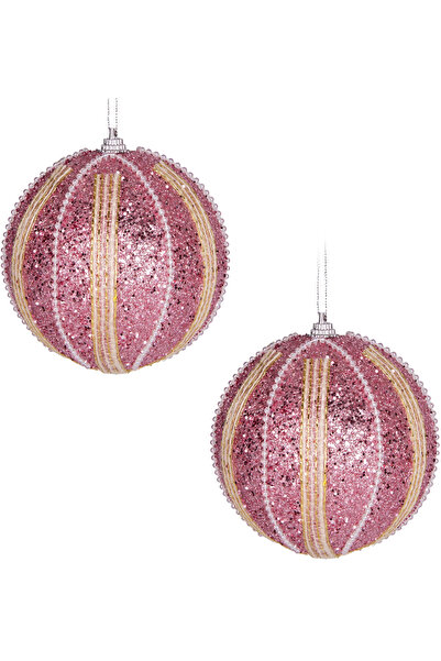 Herdekora كرة رأس السنة الجديدة مخططة باللؤلؤ والخرز، عبوة من قطعتين باللون ا...