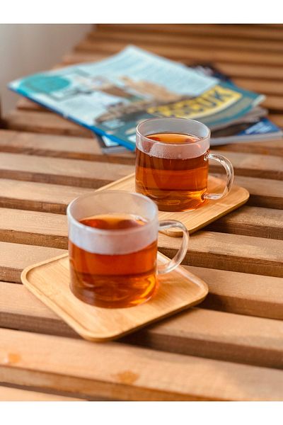 ECO KİTCHEN 2-Piece Glass Tea Cup Set Borasilicate Bamboo Plate