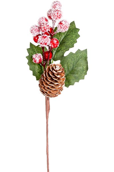 Herdekora New Year's Flower - Pique, with Snowy Berry and Cone, Red-Green, 28 cm