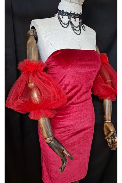 es moda shop Red Flower Patterned Comple Evening Dress - Tulle Sleeve