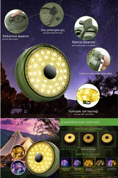 Janva Solar Şarjlı 10 Metre Led Kamp Lambası Işıldak Fener Dekor Yıl Başı Süsü Perde Peri Şerit Kamp