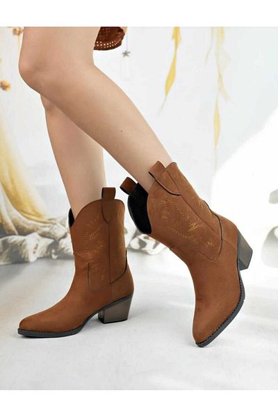 She WOMEN'S TAN SUEDE EMBROIDERED WESTERN SHORT COWBOY BOOTS
