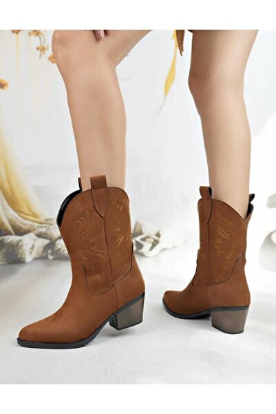 She WOMEN'S TAN SUEDE EMBROIDERED WESTERN SHORT COWBOY BOOTS