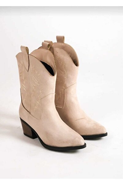 She WOMEN'S TEN BEIGE SUEDE EMBROIDERED WESTERN SHORT COWBOY BOOTS