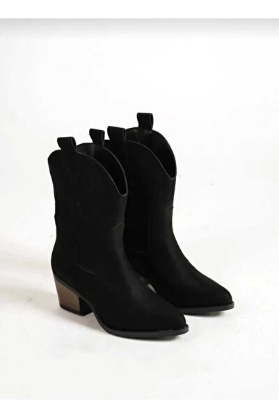 She WOMEN'S BLACK SUEDE EMBROIDERED WESTERN SHORT COWBOY BOOTS