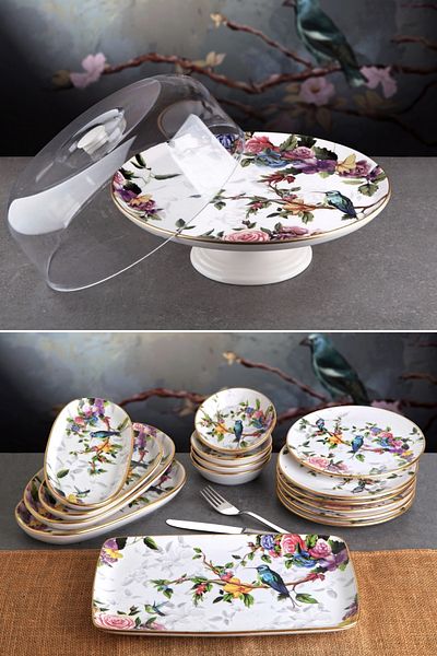 Pinkev Flora 16 Piece Ceramic Cake Presentation Plate Set with Dome - Kup116F