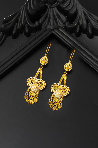 Bilezikci Hint Tarzı Püsküllü Sarkıt Altın Küpe