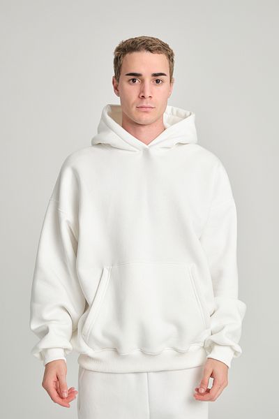 3 ROPE Unisex White Oversize Hooded Fleece Inside 3 Thread Basic Cotton Sweatshirt Hoodie White