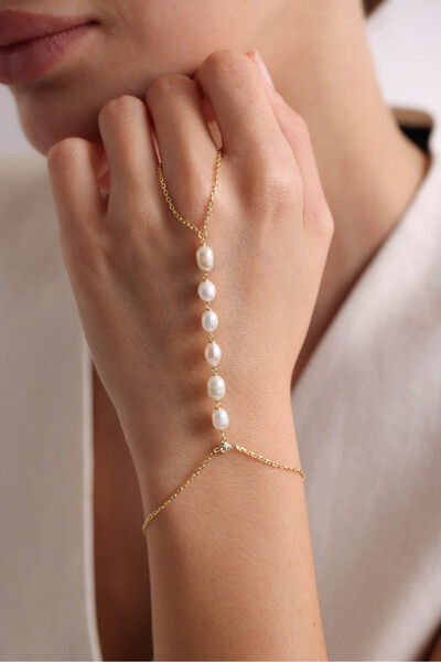 Nereze 925 Ayar Gümüş Gold Kaplama Sıralı İnci Model Şahmeran Bileklik